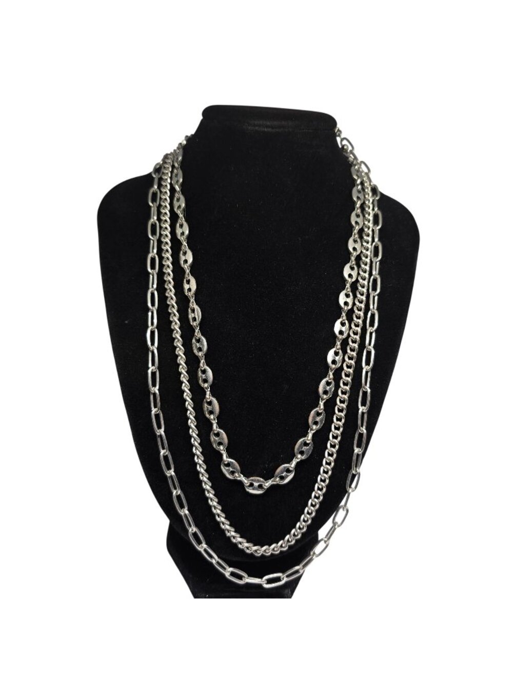 Multi Strand Silver Tone Layered Chain Necklace‎ Paperclip Curb Link Adjustable